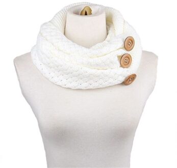 Winter Warm Knit Infinity Sjaal Luxe Vrouwen Effen Kleur Gehaakte Patroon Basic Chunky Grote Knop Gebreide Snood Ring Sjaal wit