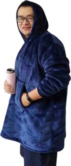 Winter Zachte Warme Wearable Hooded Deken Met Mouwen Microfiber Pluche Outdoor Hoodie Flanel Sherpa Fleece Dekens blauw