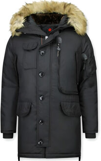 Winterjassen - Heren Winterjas Lang - Kunstkraag - Parka Jack Kodiak - Zwart - S