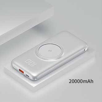 Wireless Power Bank 20000Mah Ingebouwde Kabel Draagbare Mobiele Telefoon Extra Batterij Oplader Voor Xiaomi Huawei Iphone Samsung wit 20000mAh