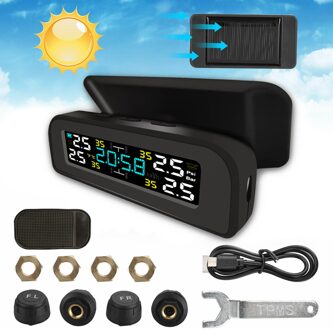 Wireless Solar Tpms Auto Voorruit Bandenspanning Monitor Alarmsysteem Lcd Kleur Sn Met 4 Externe Sensoren