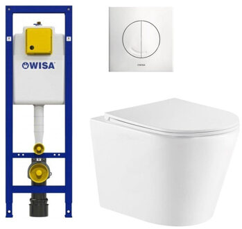 Wisa QeramiQ Dely Toiletset - Wisa inbouwreservoir - witte bedieningsplaat - toilet - zitting - glans wit 0704406/sw543431/ Wit glans