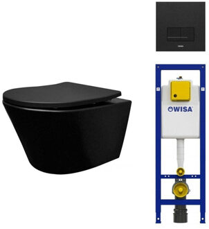 Wisa Wiesbaden Vesta toiletset spoelrandloos 52cm mat zwart Wisa inbouwreservoir softclose en quickrelease toiletzitting met bedieningsplaat mat zwart 0704408/SW727152/sw228315/ Zwart mat