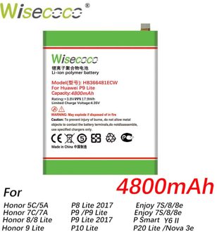Wisecoco 4800Mah HB366481ECW Batterij Voor Huawei P9 5C ( P10 Lite) g9 Honor 7C 7A 8 8E Lite/ Y6 Ii EVA-AL00/AL10/L09/TL00