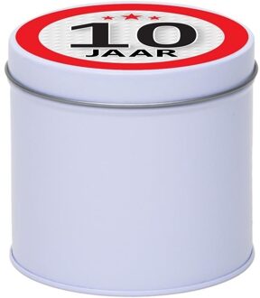 Wit bewaarblik/opbergblik 10 cm met 10 jaar sticker - Cadeaudoosjes