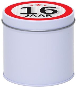 Wit bewaarblik/opbergblik 10 cm met 16 jaar sticker - Cadeaudoosjes