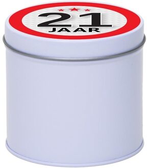 Wit bewaarblik/opbergblik 10 cm met 21 jaar sticker - Cadeaudoosjes