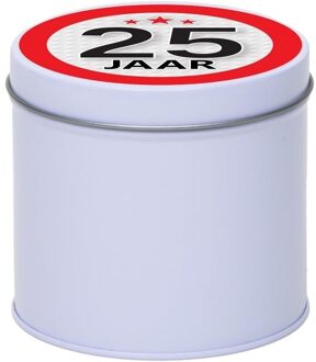 Wit bewaarblik/opbergblik 10 cm met 25 jaar sticker - Cadeaudoosjes