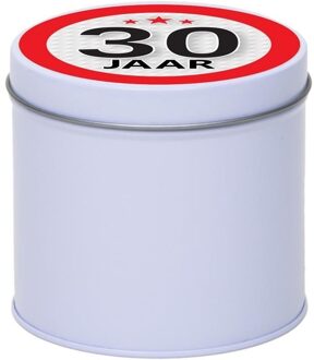 Wit bewaarblik/opbergblik 10 cm met 30 jaar sticker - Cadeaudoosjes