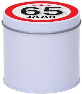 Wit bewaarblik/opbergblik 10 cm met 65 jaar sticker - Cadeaudoosjes