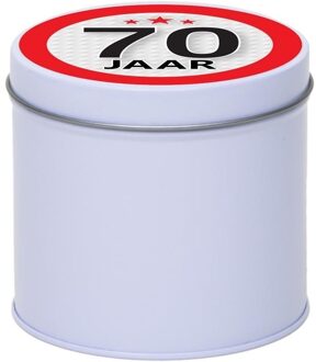 Wit bewaarblik/opbergblik 10 cm met 70 jaar sticker - Cadeaudoosjes