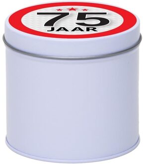 Wit bewaarblik/opbergblik 10 cm met 75 jaar sticker - Cadeaudoosjes