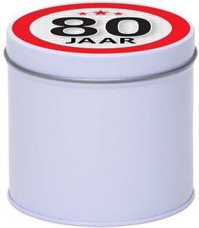 Wit bewaarblik/opbergblik 10 cm met 80 jaar sticker - Cadeaudoosjes