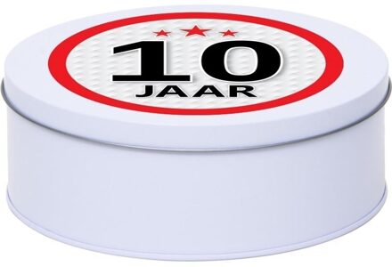 Wit bewaarblik/opbergblik 18 cm met 10 jaar sticker - Cadeaudoosjes