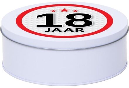 Wit bewaarblik/opbergblik 18 cm met 18 jaar sticker - Cadeaudoosjes