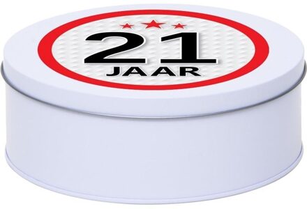 Wit bewaarblik/opbergblik 18 cm met 21 jaar sticker - Cadeaudoosjes
