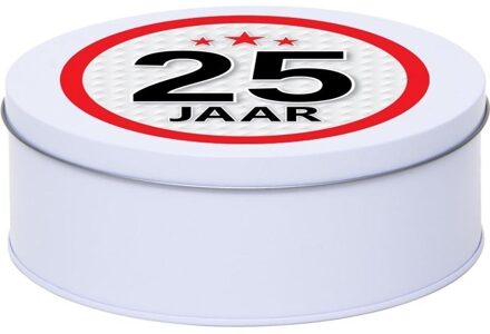 Wit bewaarblik/opbergblik 18 cm met 25 jaar sticker - Cadeaudoosjes