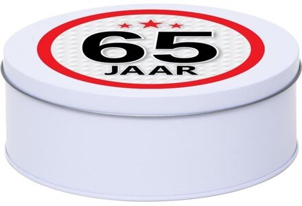 Wit bewaarblik/opbergblik 18 cm met 65 jaar sticker - Cadeaudoosjes
