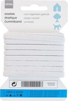 wit elastiek - algemeen gebruik - 10 m x 6 mm - witte kledingelastiek zacht - 67% polyester 33% elastan