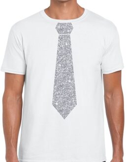 Wit fun t-shirt met stropdas in glitter zilver heren L