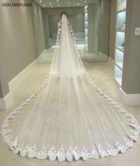 Wit Ivoor Lange Volledige Rand Kant Wedding Veil Een Layer Tulle Bridal Veil Bruiloft Accessoires Veu De Noiva Ivoor / 300Cm
