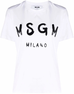 Wit Katoenen T-shirt met Contrasterende Print Msgm , White , Dames - L,M,S,Xs,2Xs