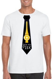 Wit kerst T-shirt voor heren - Suck my Piek zwarte stropdas print L