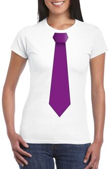 Wit t-shirt met paarse stropdas dames S