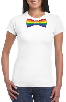 Wit t-shirt met regenboog vlag strikje dames L