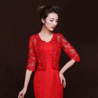 Wit Zwart Midden Mouwen Bolero Bolero Voor Vrouwen Lace Bridal Cape Wedding Jacket Cape Jurk Wraps Shawl Bridal Jacket rood / M