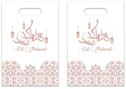 Witbaard 24x stuks Ramadan Mubarak thema feestzakjes/uitdeelzakjes wit/rose goud 23 x 17 cm - Suikerfeest/offerfeest