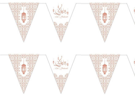 Witbaard 2x stuks Ramadan Mubarak thema papieren vlaggenlijnen/slingers wit/rose goud 3 meter