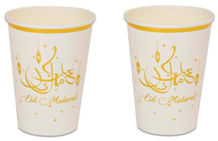 Witbaard 8x stuks Ramadan Mubarak thema bekertjes wit/goud 350 ml - Feestbekertjes Goudkleurig