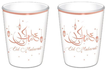 Witbaard 8x stuks Ramadan Mubarak thema bekertjes wit/rose goud 350 ml - Feestbekertjes