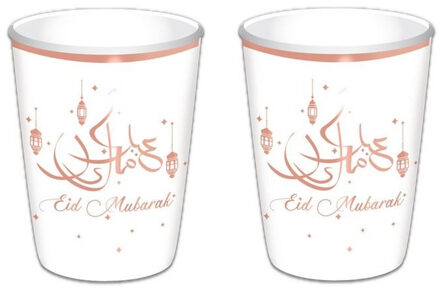 Witbaard 8x stuks Ramadan Mubarak thema bekertjes wit/rose goud 350 ml