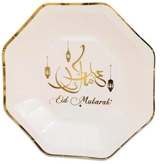 Witbaard 8x stuks Ramadan Mubarak thema bordjes wit/goud 23 cm - Feestbordjes Multikleur