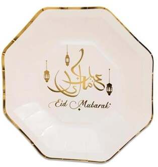 Witbaard 8x stuks Ramadan Mubarak thema bordjes wit/goud 23 cm - Feestbordjes Multikleur