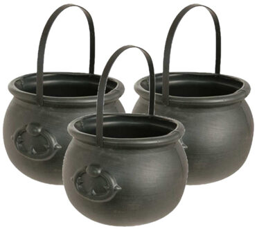 Witbaard Heksenketel - Set van 3x stuks - kookpot - zwart - kunststof - 15 x 20 cm - versiering - ac