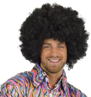 Witbaard Kroeshaar Afro verkleed pruik - zwart - Disco thema verkleed pruiken