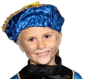 Witbaard pietbaret met veer satijn blauw one-size