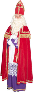 Witbaard Sinterklaas kostuum polyesterfluweel met koker mijter voor volwassenen Rood