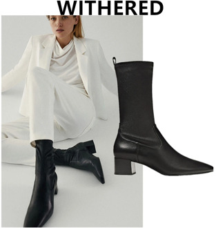 Withered England Style Office Lady Genuine Leather Sheep High heel Cusp Chelsea Boots Women Shoes Woman Botas Mujer Shoes Women