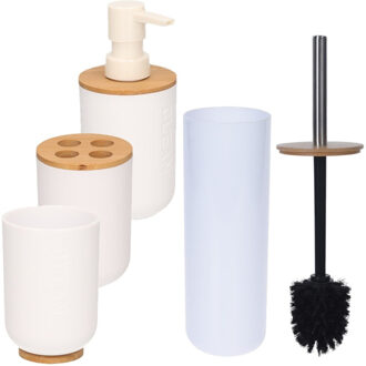 Witte badkamer/toilet set 4-delig met bamboe - Badkameraccessoireset