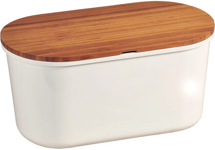 Witte broodtrommel met bamboe snijplank deksel - 21 x 37 x 18 cm - Keuken