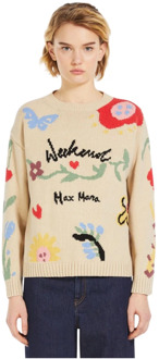 Witte Crew Neck Sweater met Intricate Details Max Mara Weekend , Multicolor , Dames - M,S,Xs