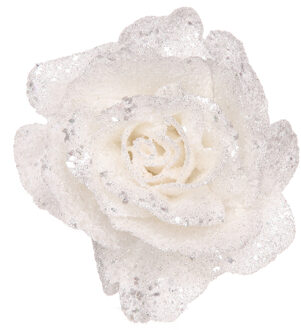 Witte decoratie rozen glitters op clip 10 cm - Feestdecoratievoorwerp