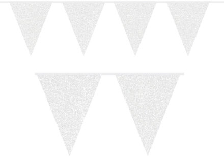 Witte glitter vlaggenlijnen - 2x - 10 meter - Stevige feest slingers - van karton - voor binnen