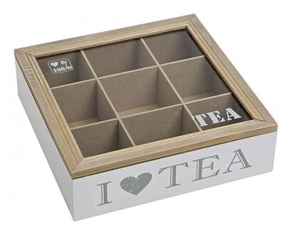 Witte houten theedoos met 9 vakken I love tea