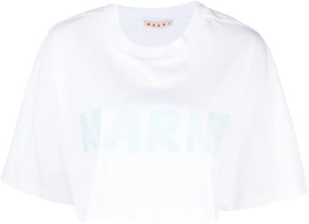 Witte Katoenen Crop T-shirt met Logo Marni , White , Dames - 2XS
