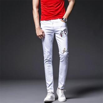 witte katoenen mannen jeans Koreaanse stijl skinny jeans mannen borduren van vogel mode slanke jeans broek mannen #1102 32